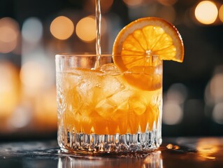Macro shot of fresh orange juice being poured into a clear glass, with a citrus slice on the rim