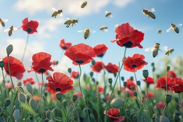 Fototapeta premium Honeybees swarm flying above a red poppy field, AI generated