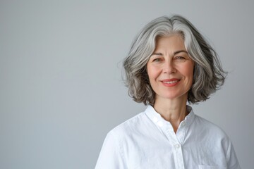 In this portrait, an elegant senior woman with gray hair exudes confidence and happiness in a white shirt. Keywords beautiful, carefree, charming, elegance, graceful, radiant, smiling