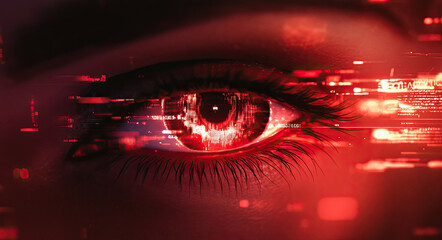 Futuristic Eye Reflecting a Digital Cityscape with Explosive Energy
