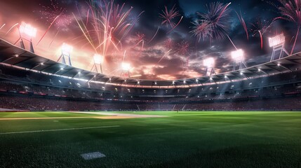 Stadium night without people fireworks 3D rendering