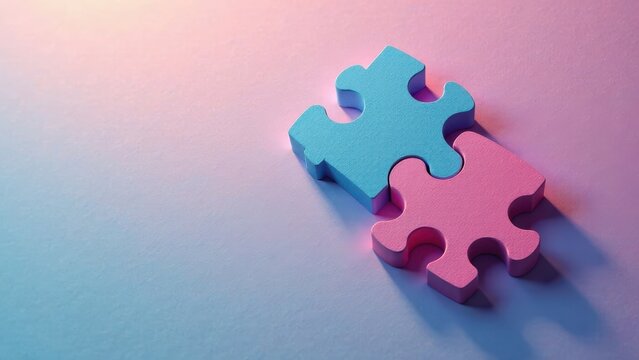 Two pastel jigsaw puzzle pieces interlock, symbolizing connection and unity on a soft gradient background.