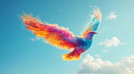 Fototapeta premium A stunning multicolored bird with vibrant wings flying against a bright blue sky and white clouds.