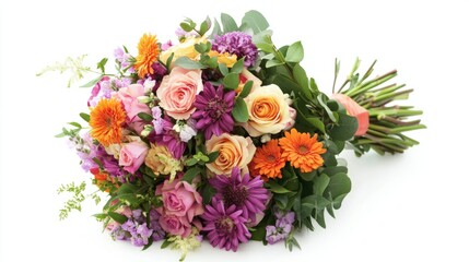 A beautiful bouquet featuring a mix of colorful flowers including roses and daisies, arranged with lush greenery on a white background.
