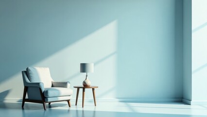 Serene Room Interior  A Modern Armchair Beside a Side Table with Lamp, Bathed in Soft Sunlight