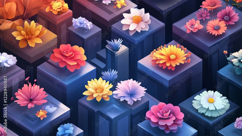 Poster a colorful image of flowers in a cityscape. the flowers are arranged in a grid pattern, with each sq