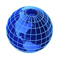Stylized blue globe marked with longitudinal and latitudinal lines, North America and parts of South America visible, 3-D cutout