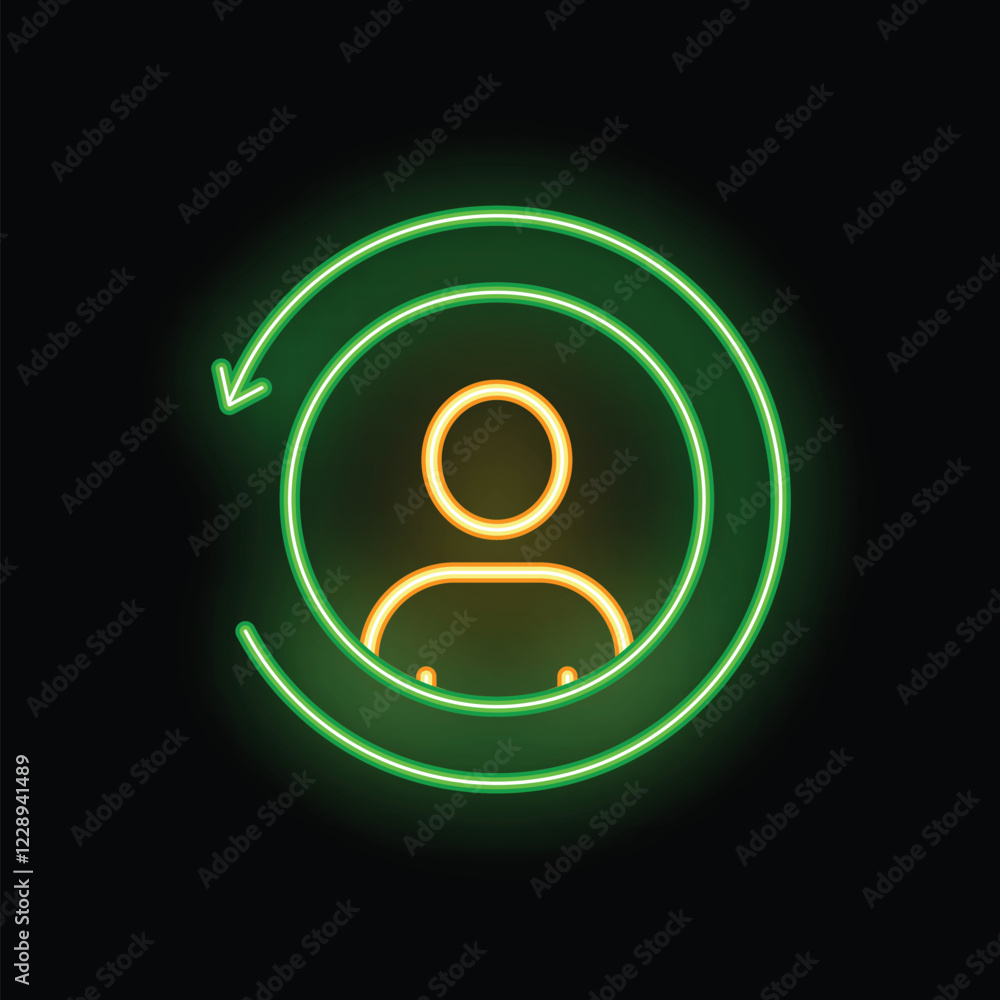 Poster glowing neon icon of the upper torso of a person surrounded by a circular arrow pointing countercloc