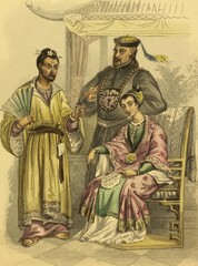 Japanese and Chinese costumes on engraving from 1853 by Rouargue