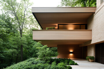 Elegant modern house surrounded by lush greenery in a tranquil forest setting