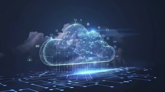 Futuristic blue cloud illustration for cloud computing floating above a digital network, AI generated
