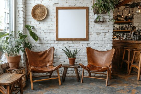 Leather chairs and plants in a rustic cafe setting