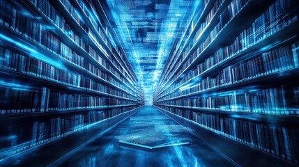 Obraz premium Futuristic library with glowing shelves and digital data flow
