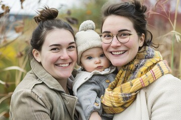 Obraz premium Amily portrait of happy female homosexual couple with young child. Generative Ai, AI generated