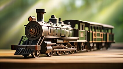 Naklejka premium Vintage wooden locomotive toy with a playful design in front of blurred background, AI generated