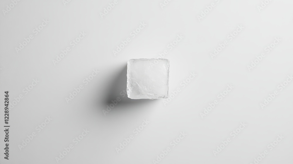 Poster a single ice cube casting a soft shadow on a white background, perfect for minimalist and refreshing
