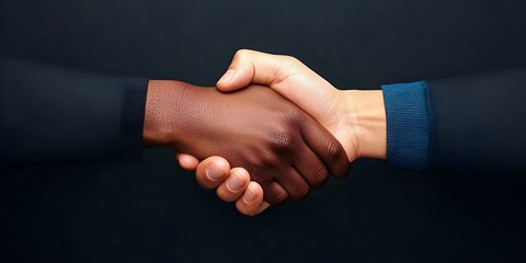 Obraz premium A close-up of two hands shaking, one with dark skin and the other with light skin, symbolizing agreement or partnership. Concept Diverse Partnerships, Unity in Diversity, Handshake Symbolism