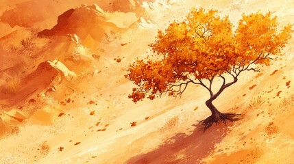A solitary orange tree stands on a sandy slope, surrounded by warm autumn hues and distant hills