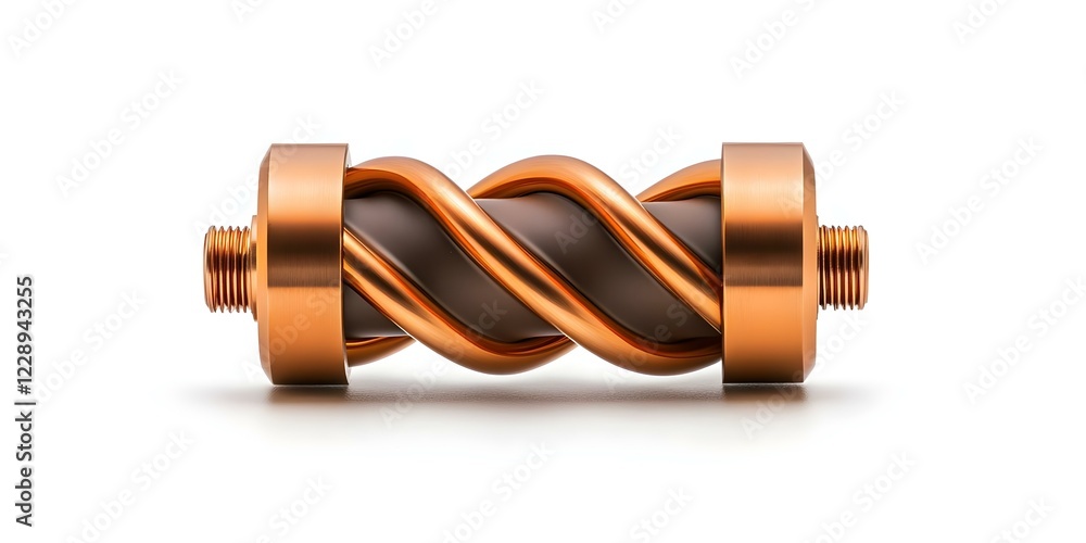 Poster a twisted metallic object with orange and brown elements, featuring threaded ends for connection. co