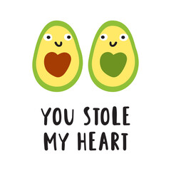 Phrase - you stole my heart. Cute avocados. Nice characters. Hand drawn flat illustration on white background.