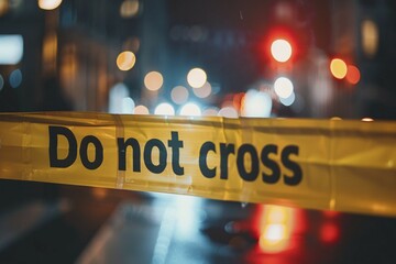 Yellow police tape with text 'Do not cross' at crime scene. KI generiert, generiert, AI generated