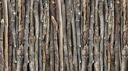 Rustic Wooden Fence Background, Texture Of Natural Unpainted Branches, Vertically Arranged