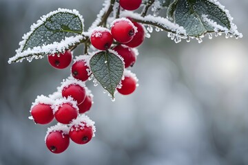Frosty holly branch with vibrant red berries covered in delicate ice crystals, symbol for upcoming winter, AI generated