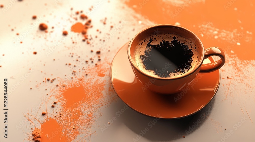 Poster a striking image of a coffee cup on an orange saucer with artistic powder splatters, creating a dyna