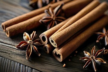 Christmas spices like cinnamon sticks, star anise, and cloves arranged on a wooden table, with soft ambient lighting evoking warmth and coziness, AI generated