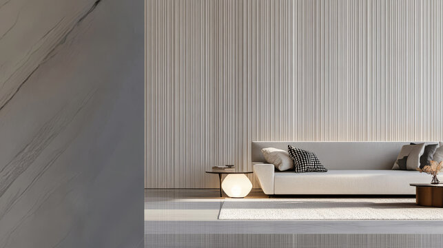 Modern living room design with elegant furniture and soft lighting in a minimalist style