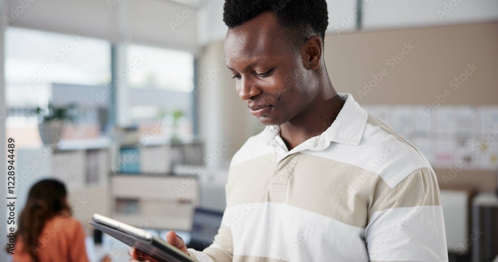 Aufkleber tablet, black man and student in classroom for research online studying for test at college. reading