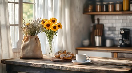 Sunlit kitchen table with sunflowers, pastries, and coffee.