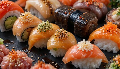 A detailed macro shot of fresh sushi rolls and nigiri with vibrant toppings, including salmon, tuna, and shrimp, plated on a dark ceramic dish.