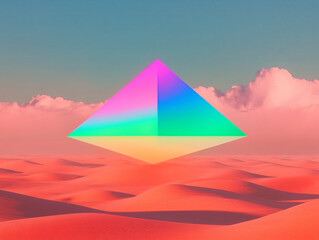  large, colorful pyramid standing in a desert-like landscape with a clear blue sky above. The pyramid has a gradient color scheme transitioning from pink to blue.