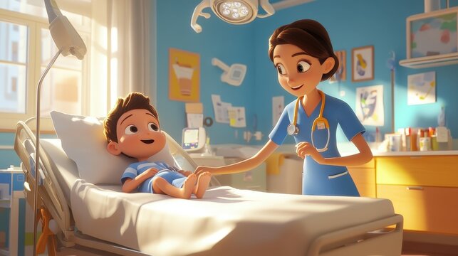Gentle Care: A kind nurse tends to a smiling child lying in a hospital bed, creating a heartwarming scene of compassion and care in a bright, cartoon-style illustration. 