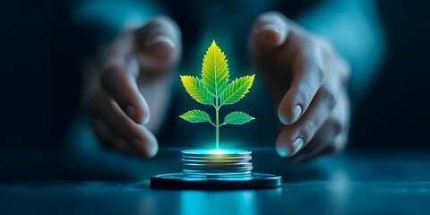 A glowing green plant emerging from a stack of coins, symbolizing financial growth and sustainability. Concept Financial Growth, Sustainable Investments, Symbolism in Nature