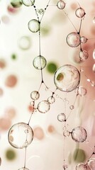 Abstract image featuring delicate green and pink bubbles connected by thin lines, AI generated