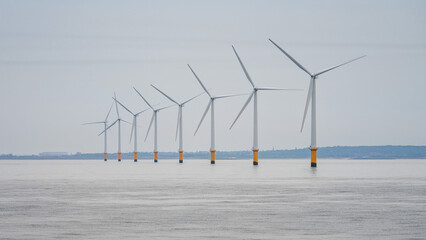 Wind turbines in the Irish Sea near Crosby, Merseyside, UK
