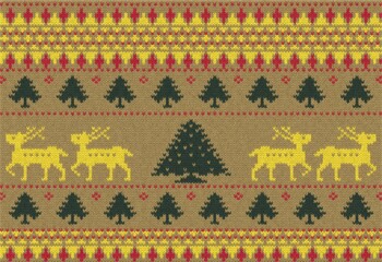 Christmas knit prints. Seamless pattern. Red knitted borders. Sweater winter textures. Fair isle traditional backgrounds. Holiday ornaments.