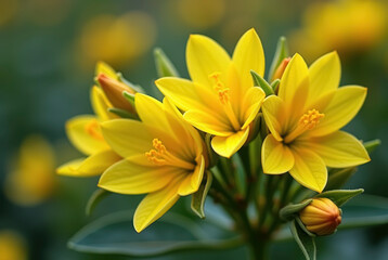 Obraz premium A cluster of yellow flowers with green leaves and brown buds.