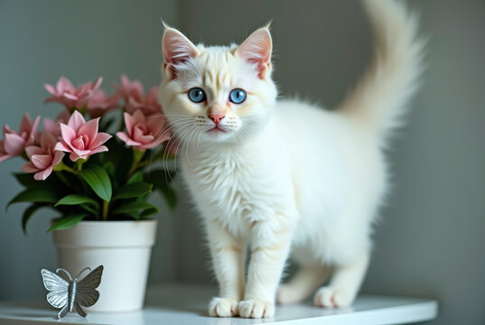A young white cat with blue eyes stands near a flower pot.