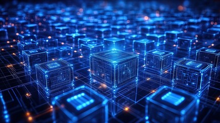 Fototapeta premium Blockchain grid over a digital background, secure lines of data connecting blocks