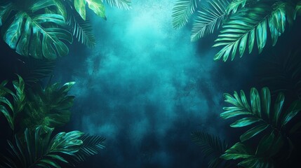 Obraz premium Lush Green Tropical Leaves Framing a Mysterious Underwater Scene with Soft Blue Tones