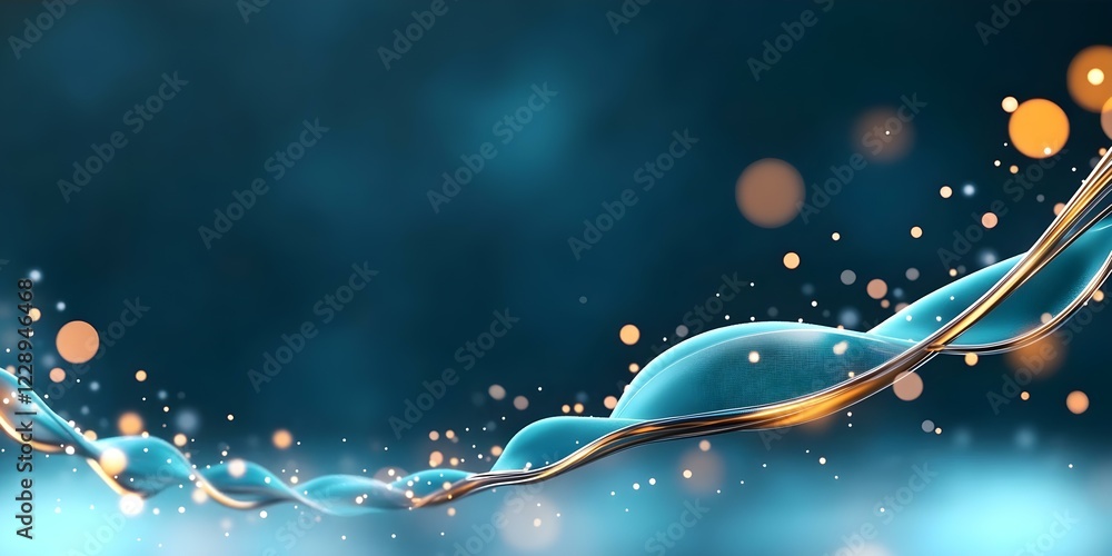 Poster a fluid, abstract design featuring bubbles and glowing particles with a blue and golden color scheme