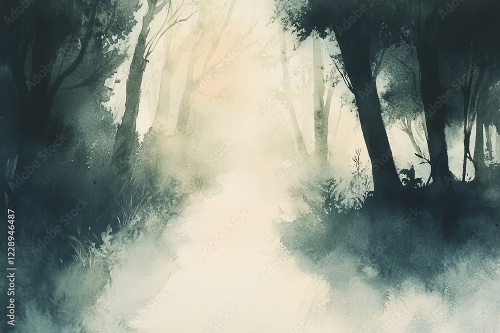 Poster a tranquil forest scene with mist and sunlight filtering through trees, creating a mystical and sere