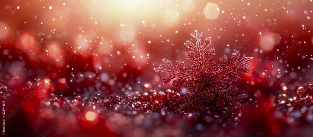 Poster single red snowflake on sparkling surface, with a background of warm bokeh lights, ai generated
