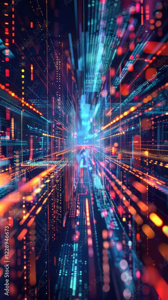 Poster a colorful image of a cityscape with many lights and lines. the lights are in different colors and a