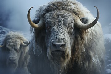 Naklejka premium Muskoxen in winter during snowstorm, AI generated