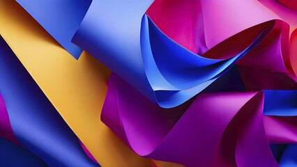Obraz premium Illustration of abstract geometric flat lay composition of papers in hues of purple yellow magenta and blue, AI generated
