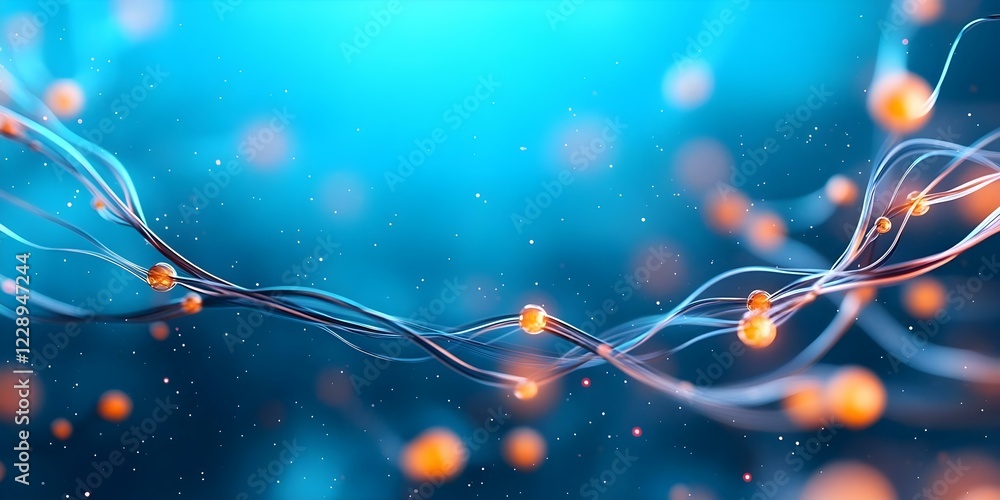 Poster an abstract representation of glowing strands and particles on a blue background, resembling a dynam